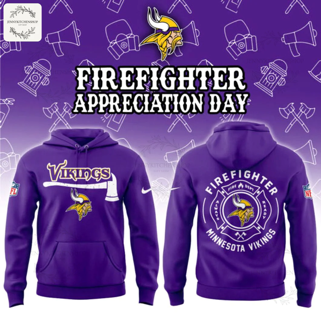 Front and back view of the purple Minnesota Vikings Firefighter Appreciation hoodie with team and firefighter logos.