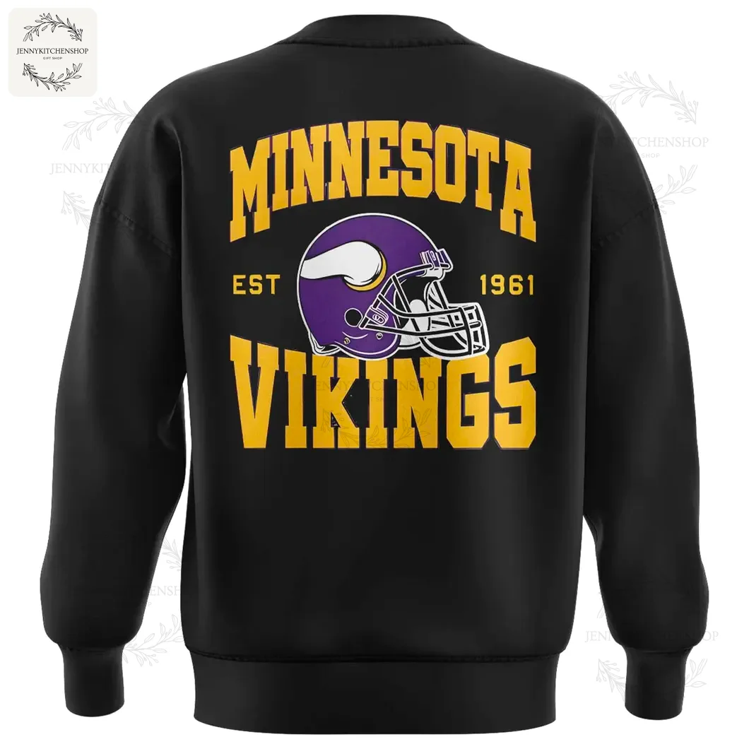 The back of the black sweatshirt features "Minnesota Vikings" in gold text, a purple team helmet, and the establishment year "EST 1961".