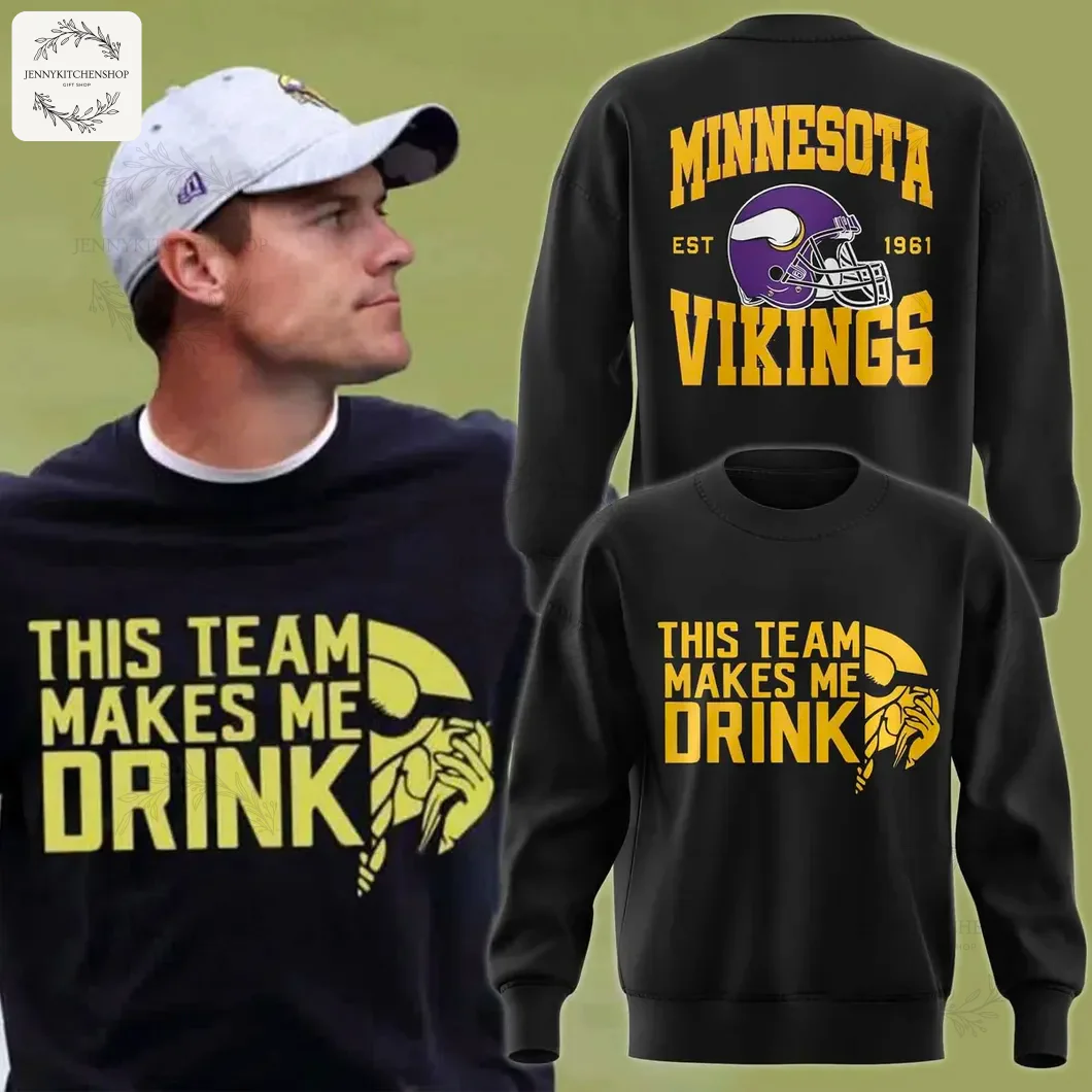 A man wearing the funny Minnesota Vikings sweatshirt, with separate mockups showing the front and back designs of the black crewneck.