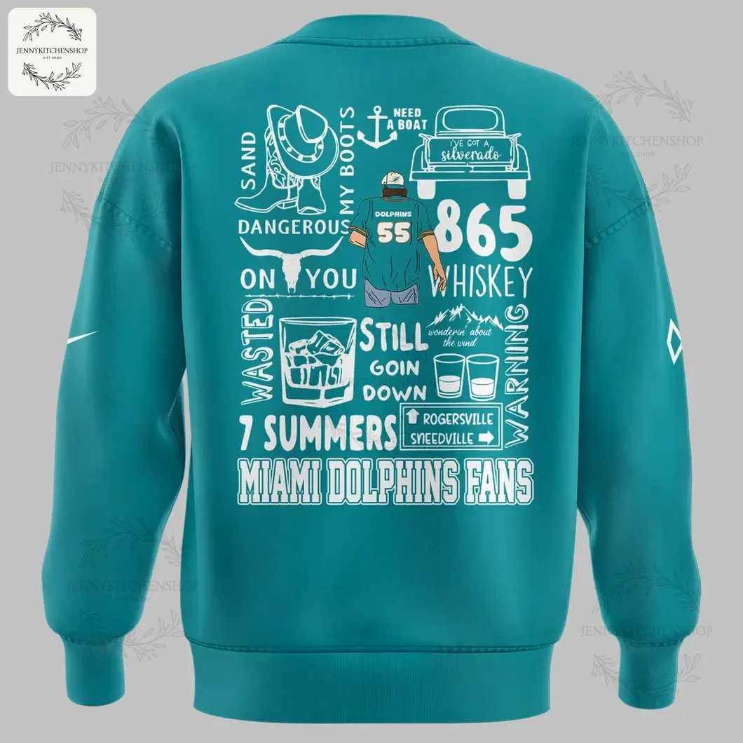 Back Design of the Morgan Wallen x Miami Dolphins Sweatshirt The back of the teal sweatshirt featuring a collage of Morgan Wallen song titles, lyrics, and country-themed graphics.
