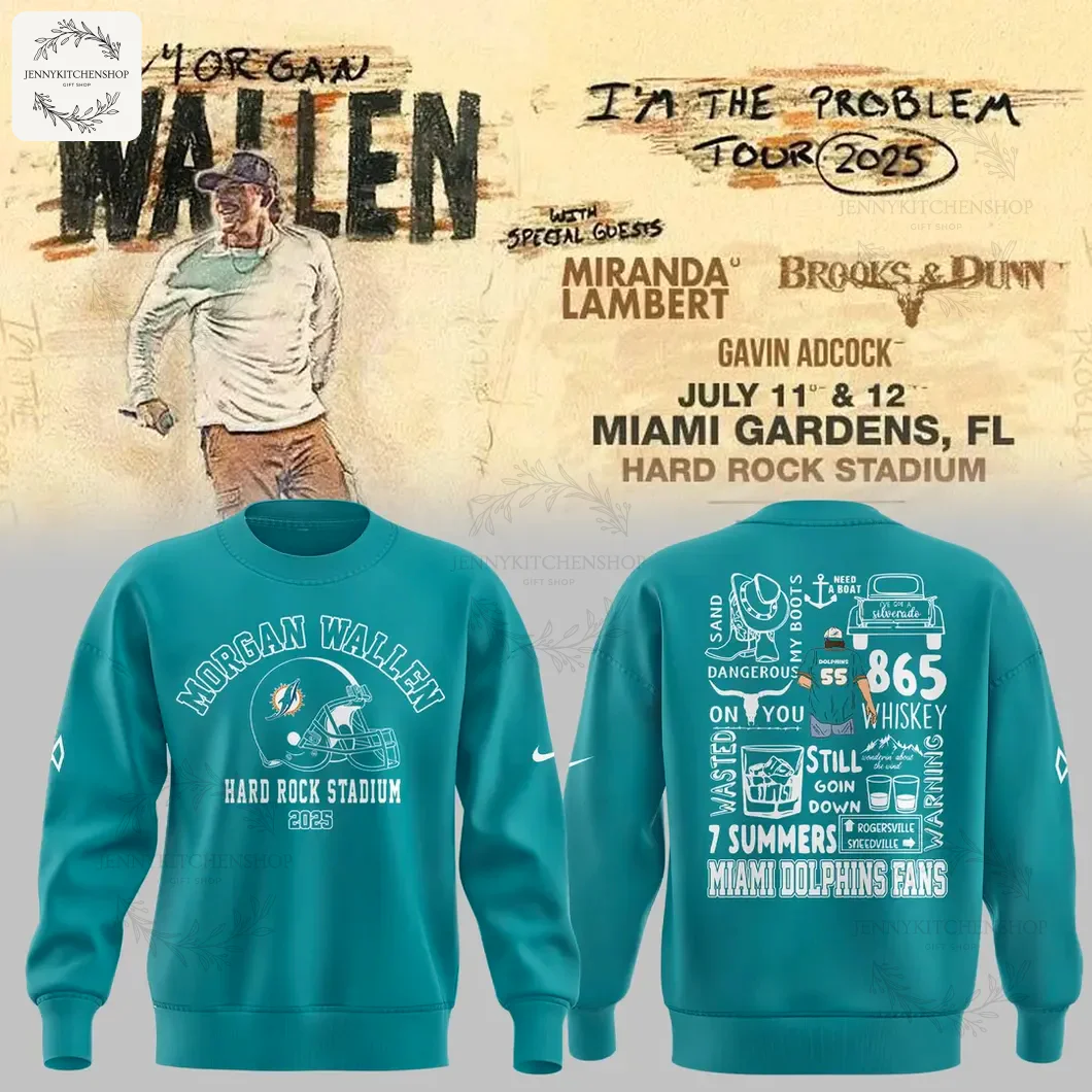 A promo image showing the Morgan Wallen 2025 tour poster and the front and back of the teal Miami Dolphins collaboration sweatshirt.