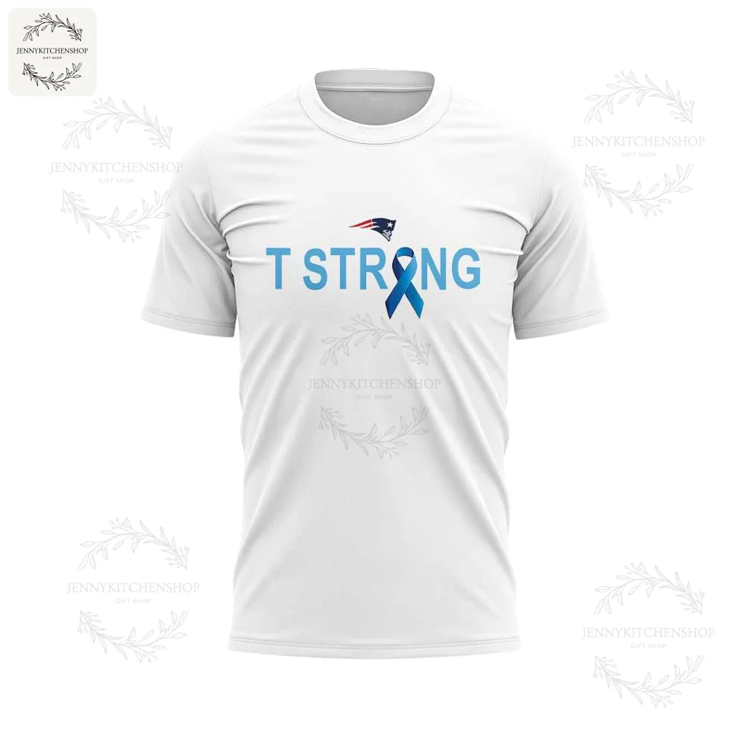 Front of the white New England Patriots t-shirt with T STRONG text and a blue ribbon with the team logo replacing the letter O.