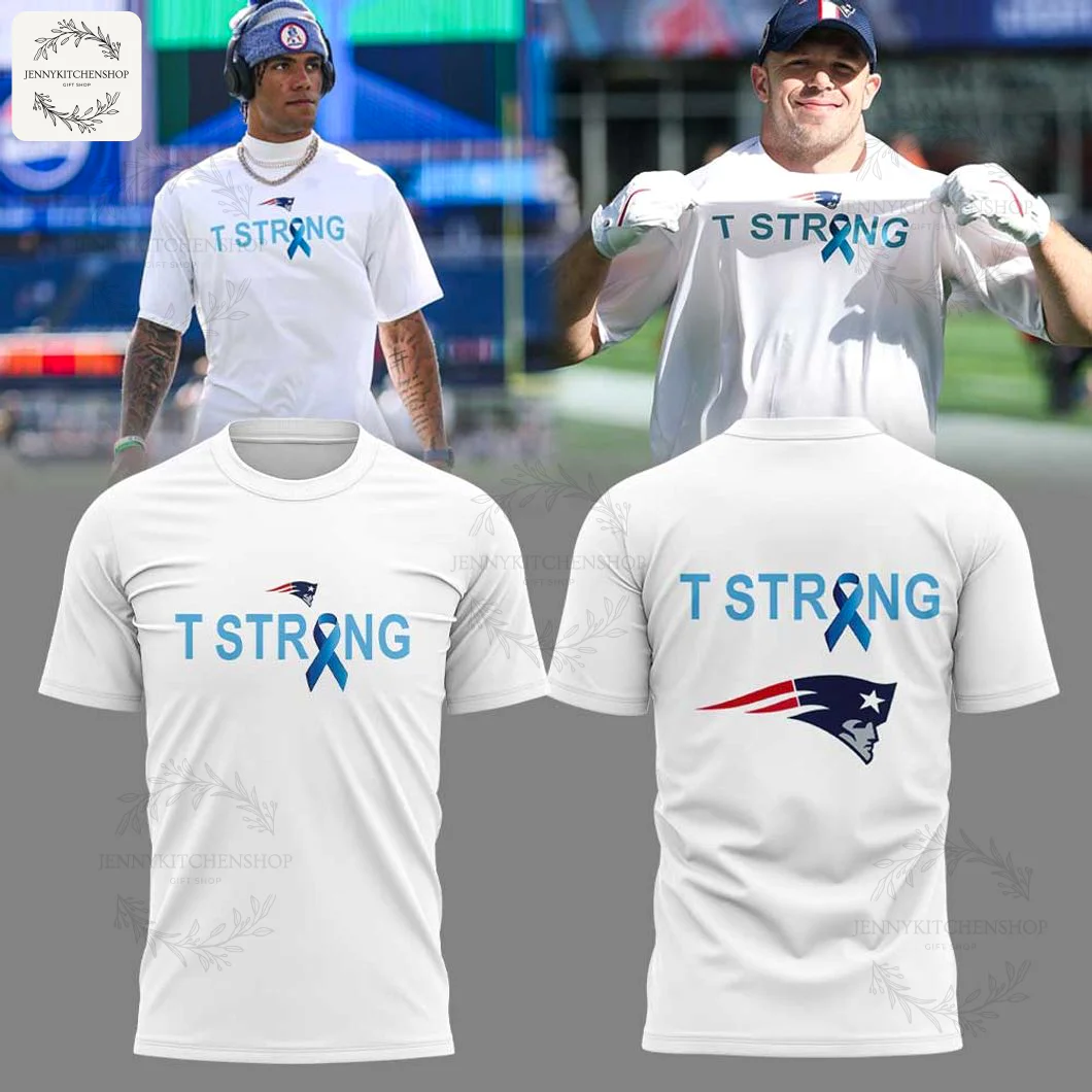 Collage showing players wearing the New England Patriots Rocking Strong shirt and detailed front and back views of the product.