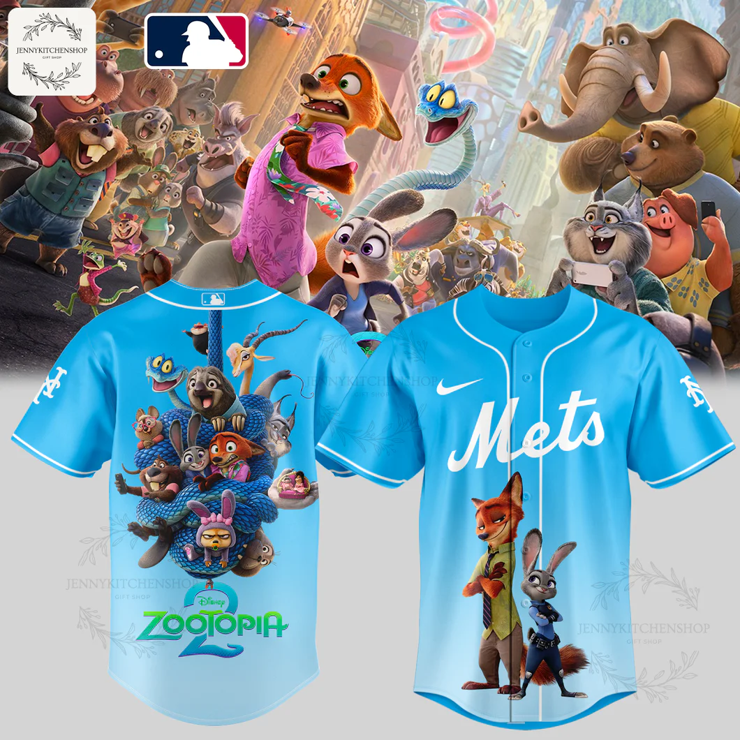 Front and back view of the light blue New York Mets MLB x Zootopia 2 limited jersey with characters Nick Wilde and Judy Hopps.