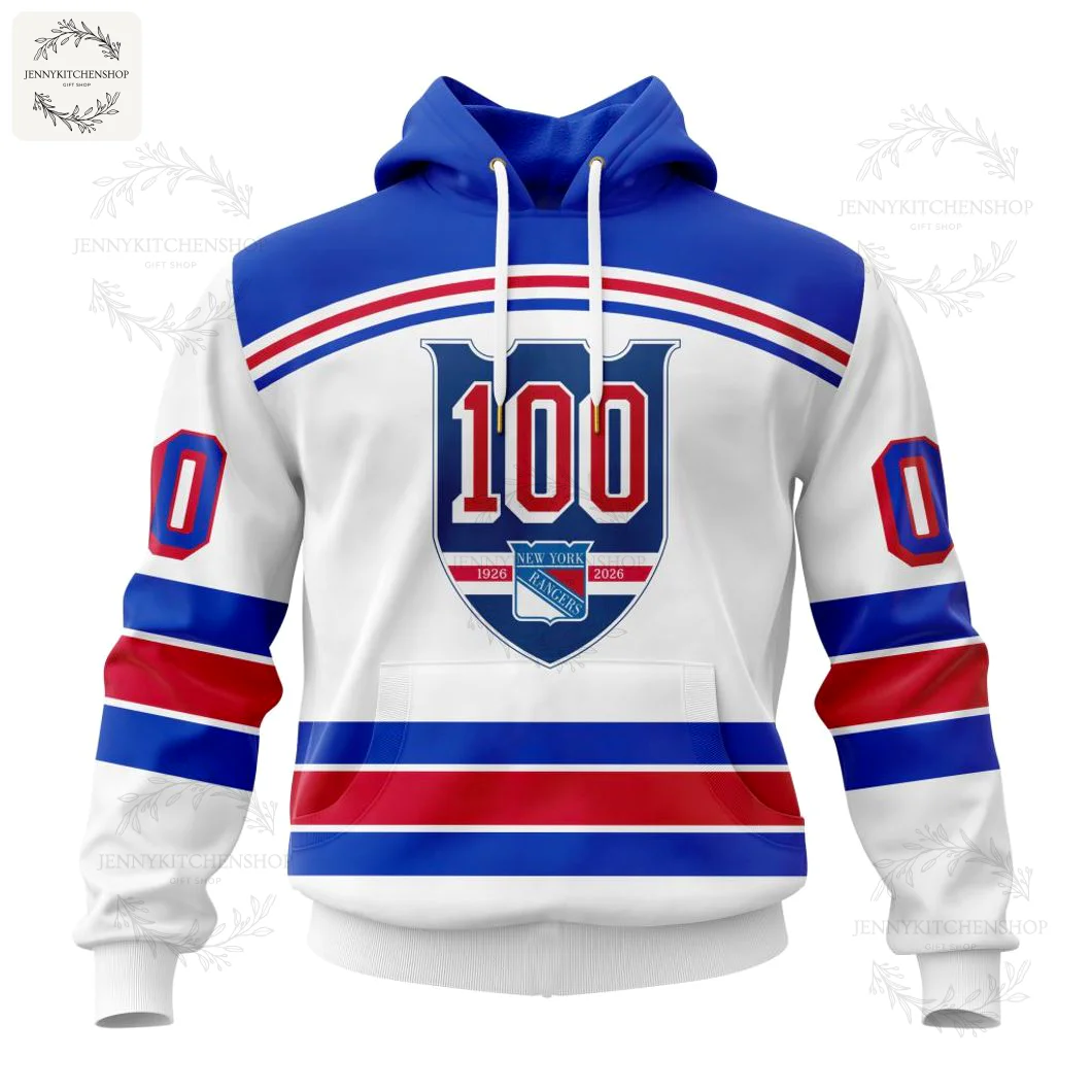 Front of a New York Rangers 2025-26 personalized hoodie with the 100th-anniversary crest (1926-2026) and jersey stripes.