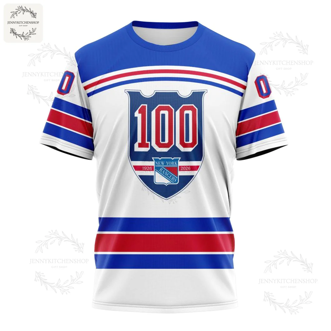 New York Rangers 100th Anniversary T-Shirt with Jersey Design Front view of a New York Rangers t-shirt featuring the 100th-anniversary crest and classic red, white, and blue jersey stripes.