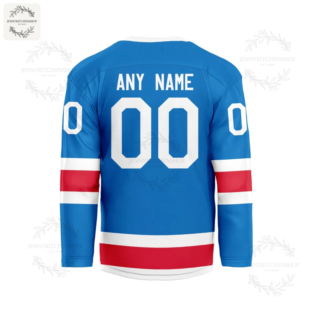 Back of a blue New York Rangers hockey jersey showing placeholders "ANY NAME" and number "00" for fan personalization.