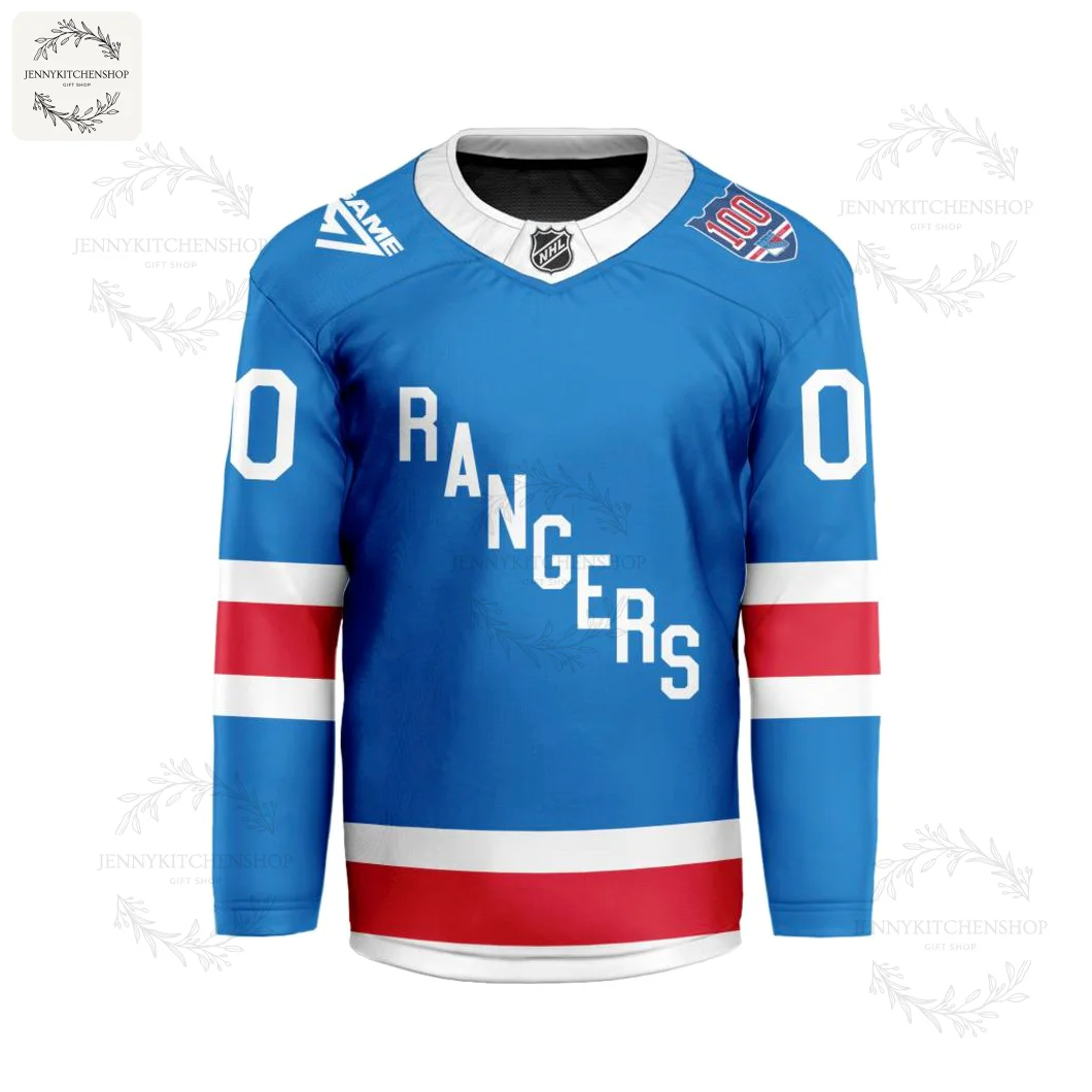 Front of a blue New York Rangers 2025-26 hockey jersey with the team name diagonally across the chest and shoulder patches.