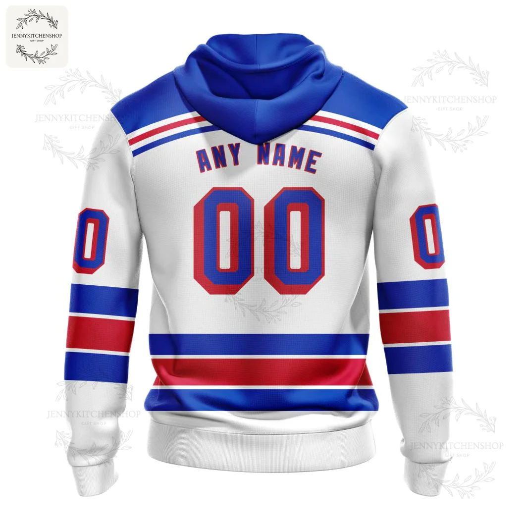 Back of the New York Rangers personalized hoodie showing custom name and number options in classic red and blue team colors.