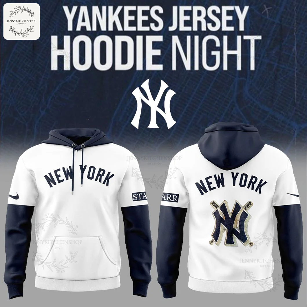 Promotional image showing the front and back of the New York Yankees 2025 jersey style hoodie.