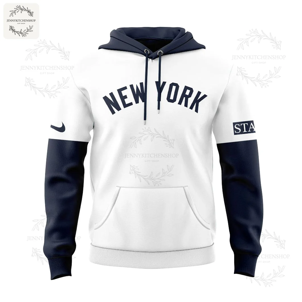 Front of the white and navy blue New York Yankees hoodie with arched 'NEW YORK' text across the chest.