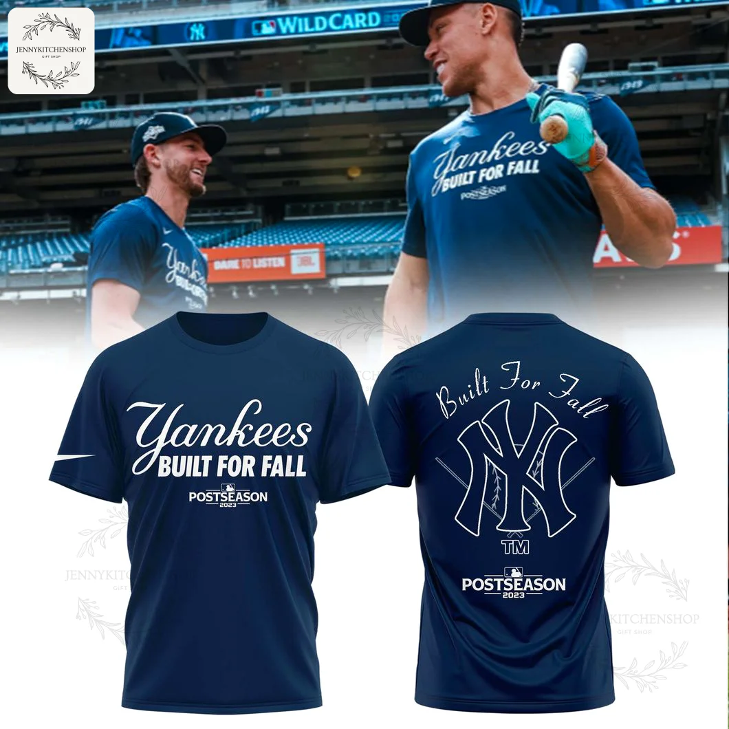 Front and back of the navy blue New York Yankees Built For Fall Postseason t-shirt, with players wearing the shirt in the background.