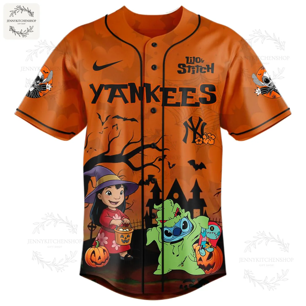 The front of the orange New York Yankees Halloween jersey featuring Lilo and Stitch in costumes trick-or-treating in a graveyard.