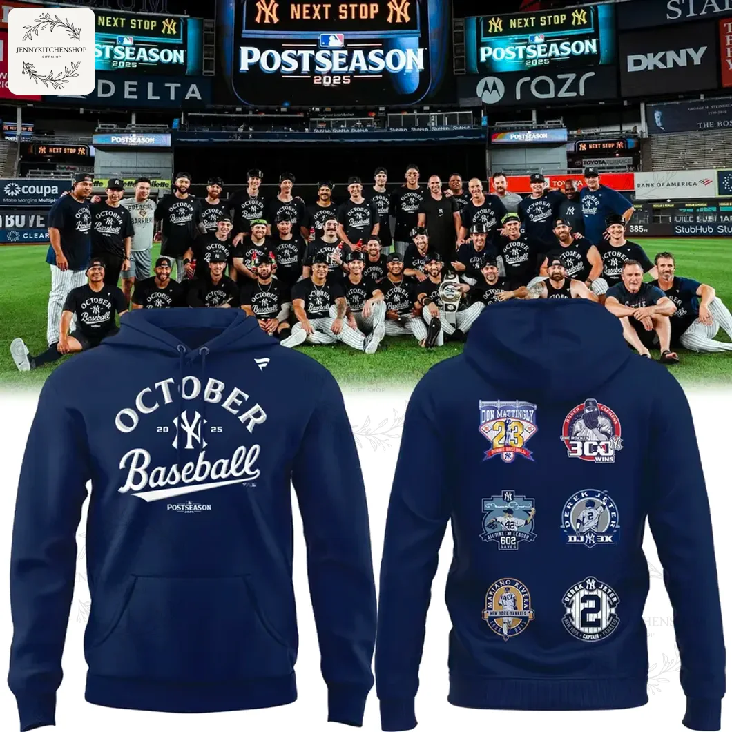 Front and back view of a navy New York Yankees Post Season 2025 hoodie with October Baseball text and player patches.