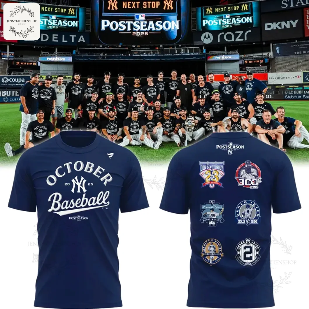 Front and back view of a navy New York Yankees Post Season 2025 t-shirt with October Baseball text and player patches.
