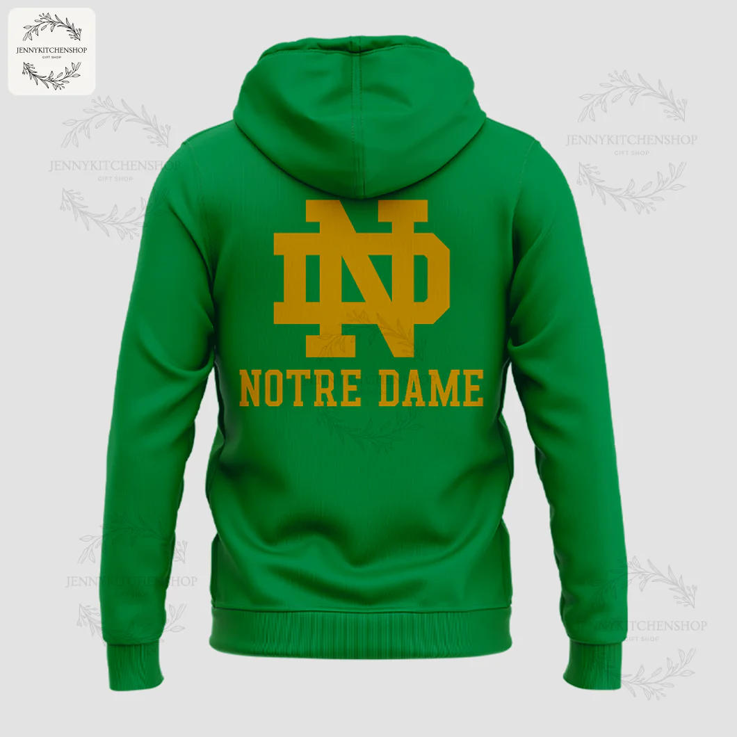 Back View of the Notre Dame "Irish Wear Green" Hoodie Back of the green Notre Dame hoodie featuring the large gold interlocking ND logo and "NOTRE DAME" text.