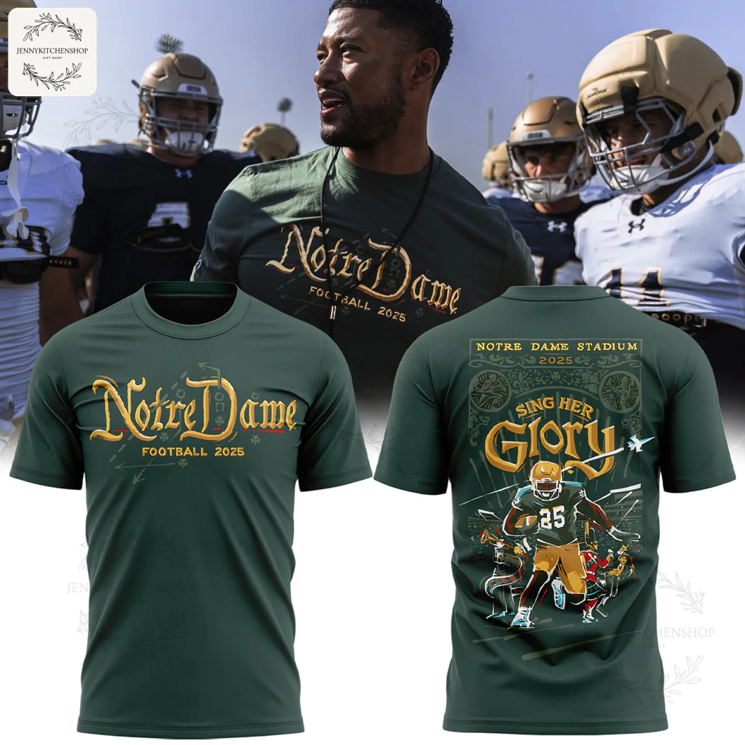 Promotional image of the Notre Dame Football t-shirt showing a coach wearing it and mockups of the front and back designs.
