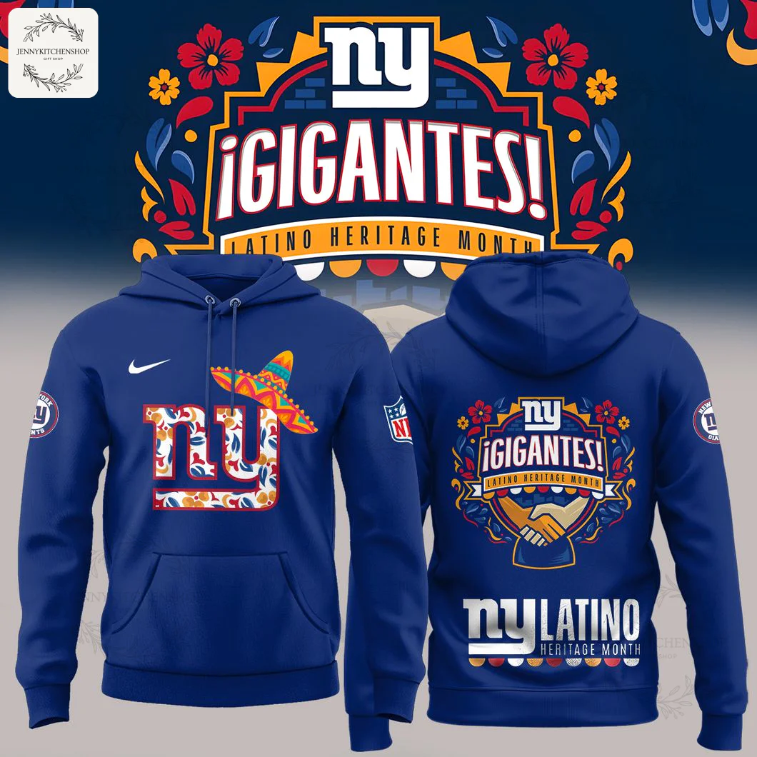 Front and back of the blue New York Giants Latino Heritage Month hoodie, featuring a floral 'NY' logo and a ¡Gigantes! back graphic.