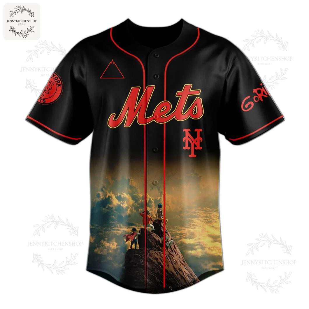 Front of the black NY Mets x Gorillaz baseball jersey showing the red Mets script logo and mountain peak art at the bottom.