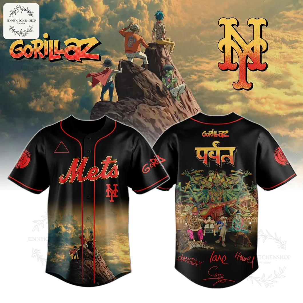 A collage showing the front and back of the NY Mets x Gorillaz Art Fans Jersey alongside the inspirational artwork designs.
