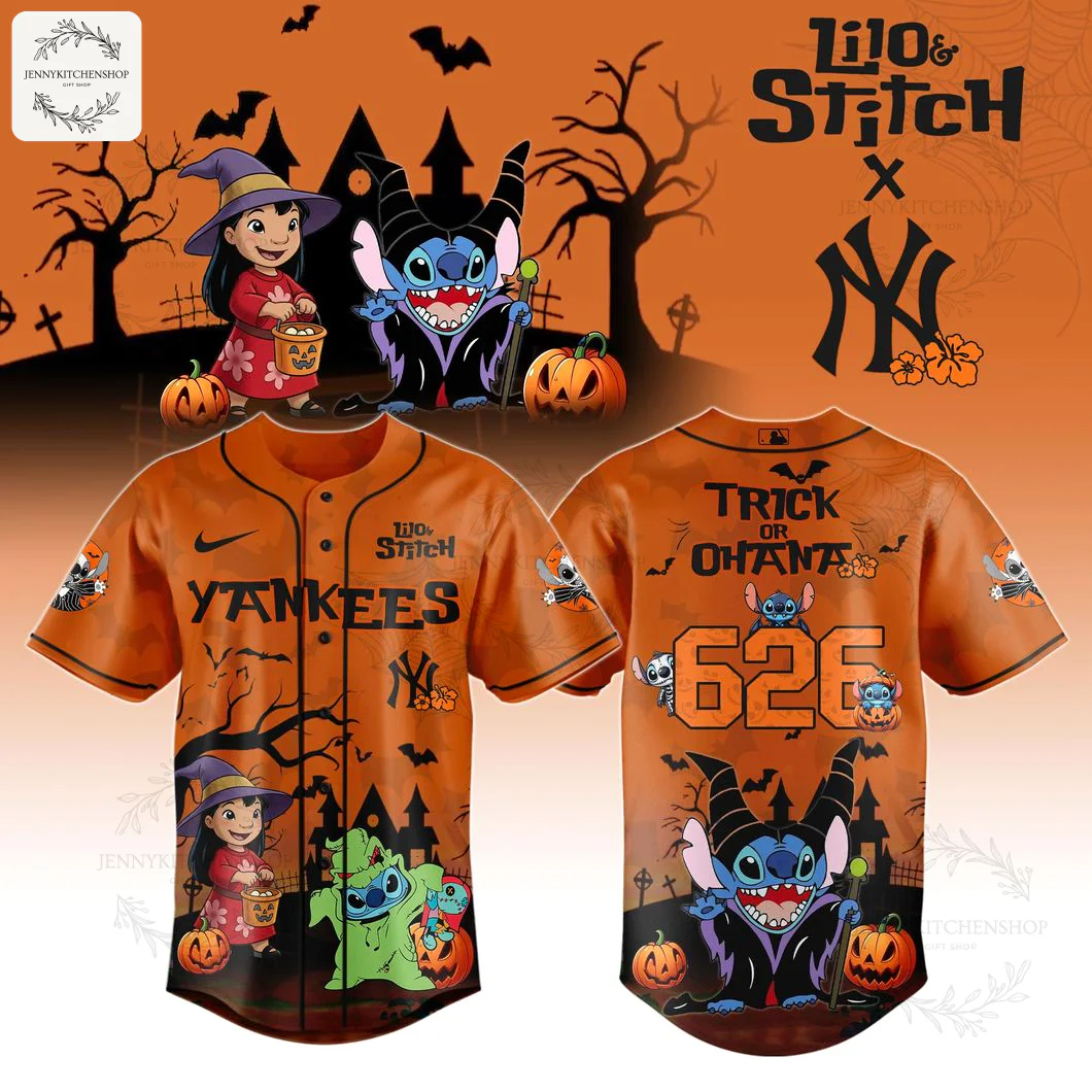 A promotional image showing the front and back of the orange Lilo & Stitch New York Yankees Halloween baseball jersey.