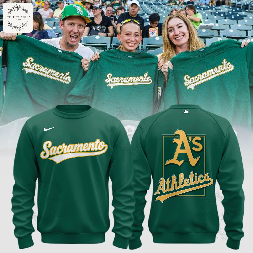 Front and back view of the green Oakland Athletics 2025 limited sweater featuring the Sacramento script and A's logo.