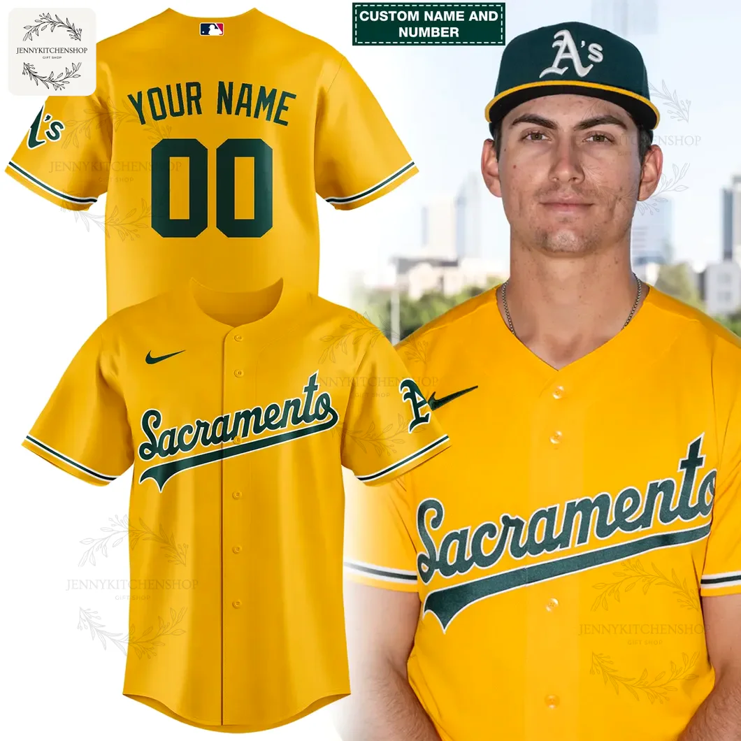 A player models the Oakland Athletics gold Sacramento jersey, shown with front and customizable back views for the 2026 season.