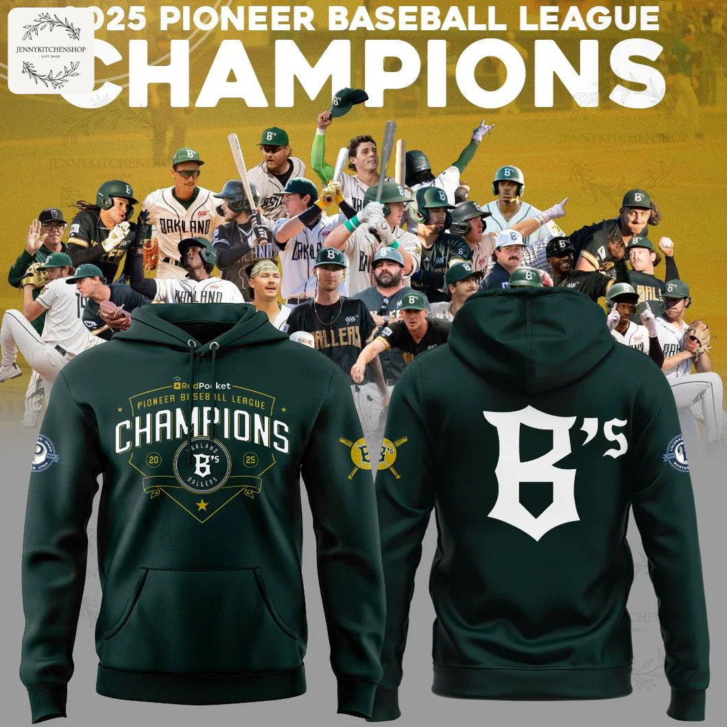 Front and back of the Oakland Ballers 2025 Pioneer League Champions green hoodie with celebratory team photo in the background.