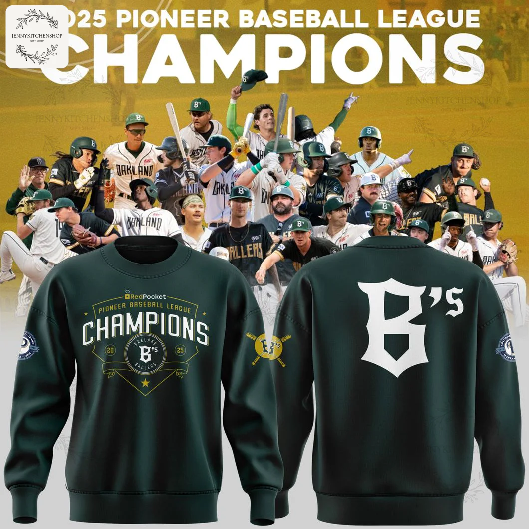 Front and back of the Oakland Ballers 2025 Pioneer League Champions green crewneck sweatshirt with players celebrating behind.