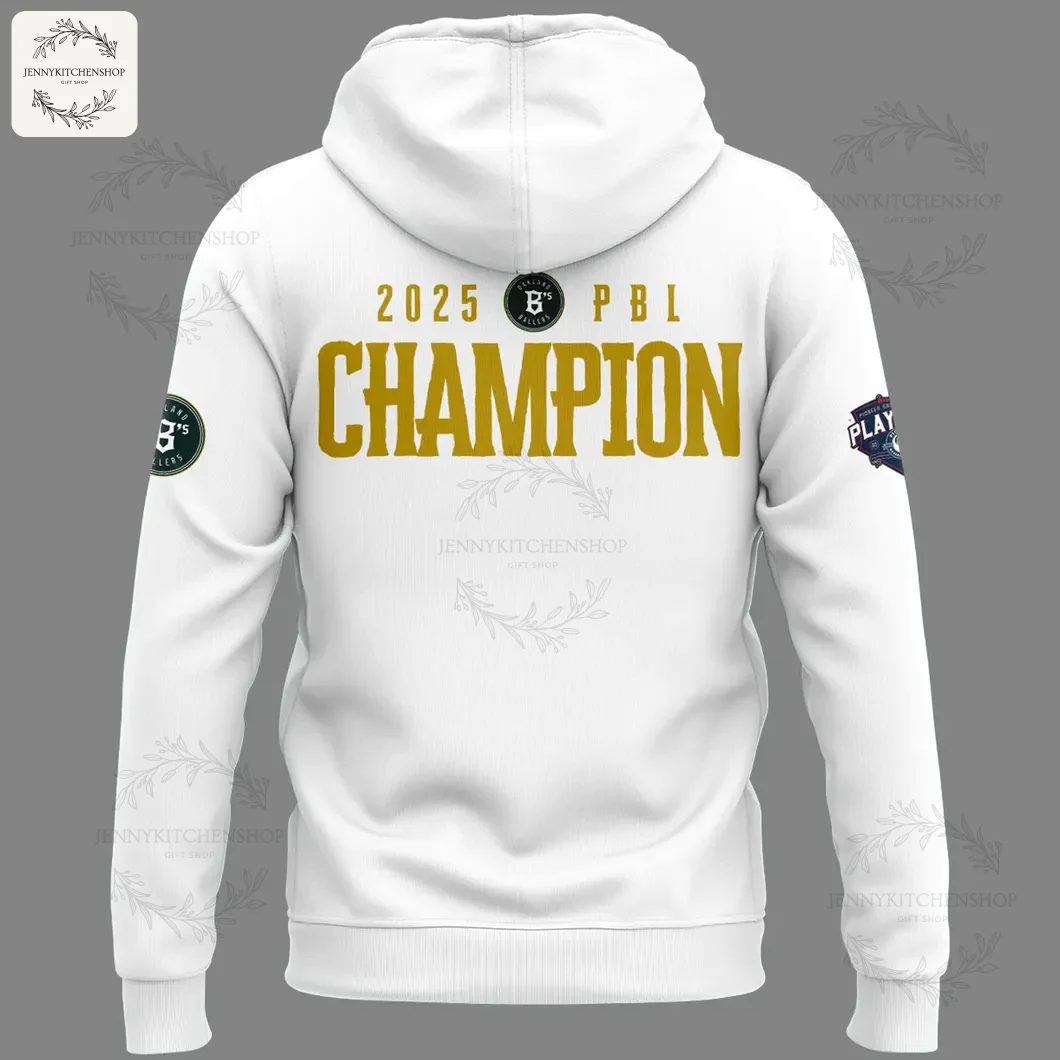 Oakland Ballers 2025 Pioneer League Champions White Hoodie – Back View Back view of a white hoodie displaying gold "CHAMPION" across the back with 2025 PBL text and circular team badge.