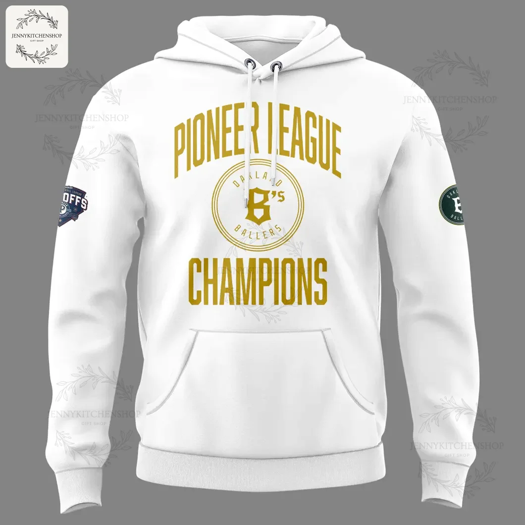 Front view of a white hoodie featuring large gold "Pioneer League Champions" lettering with team insignias on the sleeves.