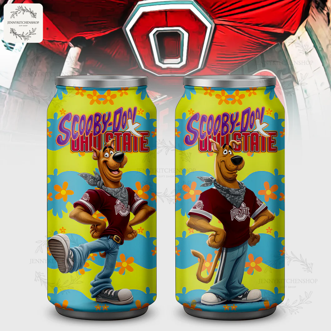 Two views of the Ohio State Buckeyes and Scooby-Doo coca tumbler, showing Scooby in a team shirt on a groovy background.