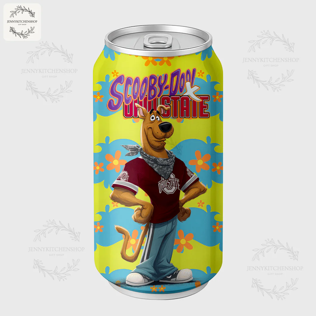 Ohio State Buckeyes Scooby-Doo Coca Tumbler | Team Spirit Design Side view of the Ohio State Buckeyes coca tumbler showing Scooby-Doo posing confidently with hands on his hips in a team shirt.