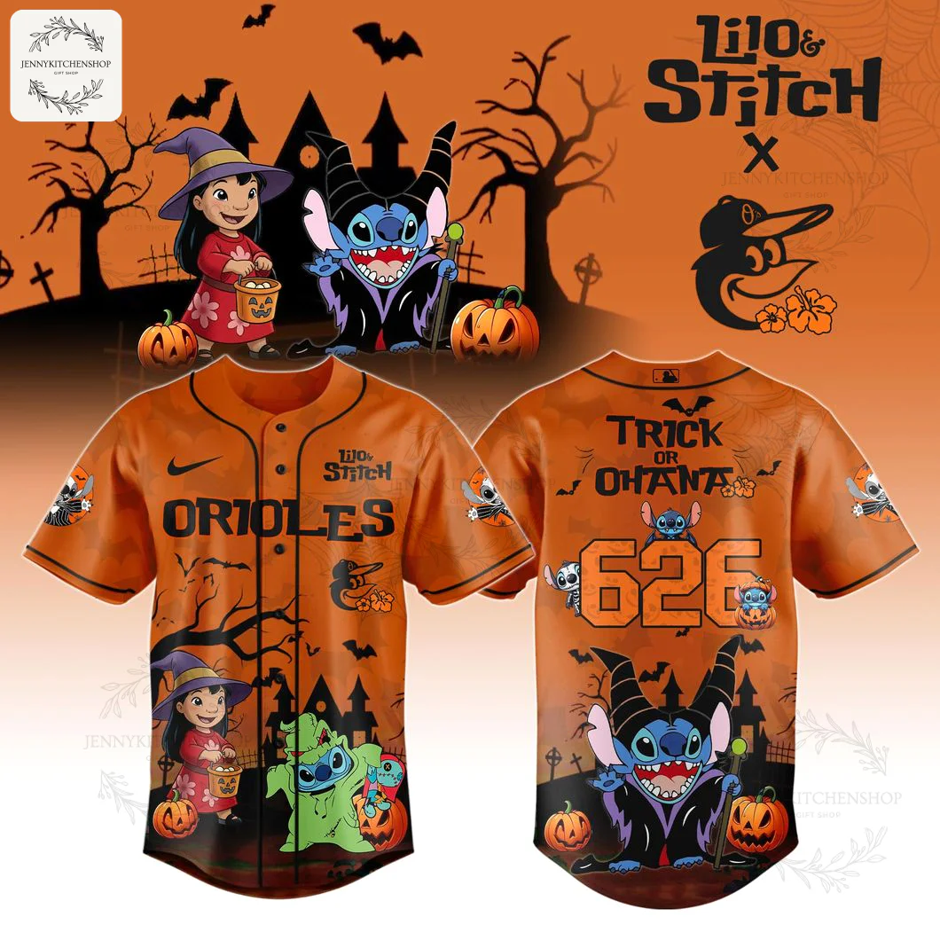 Full view of the Orioles x Stitch Trick Or Ohana orange Halloween baseball jersey, showing both the front and back designs.