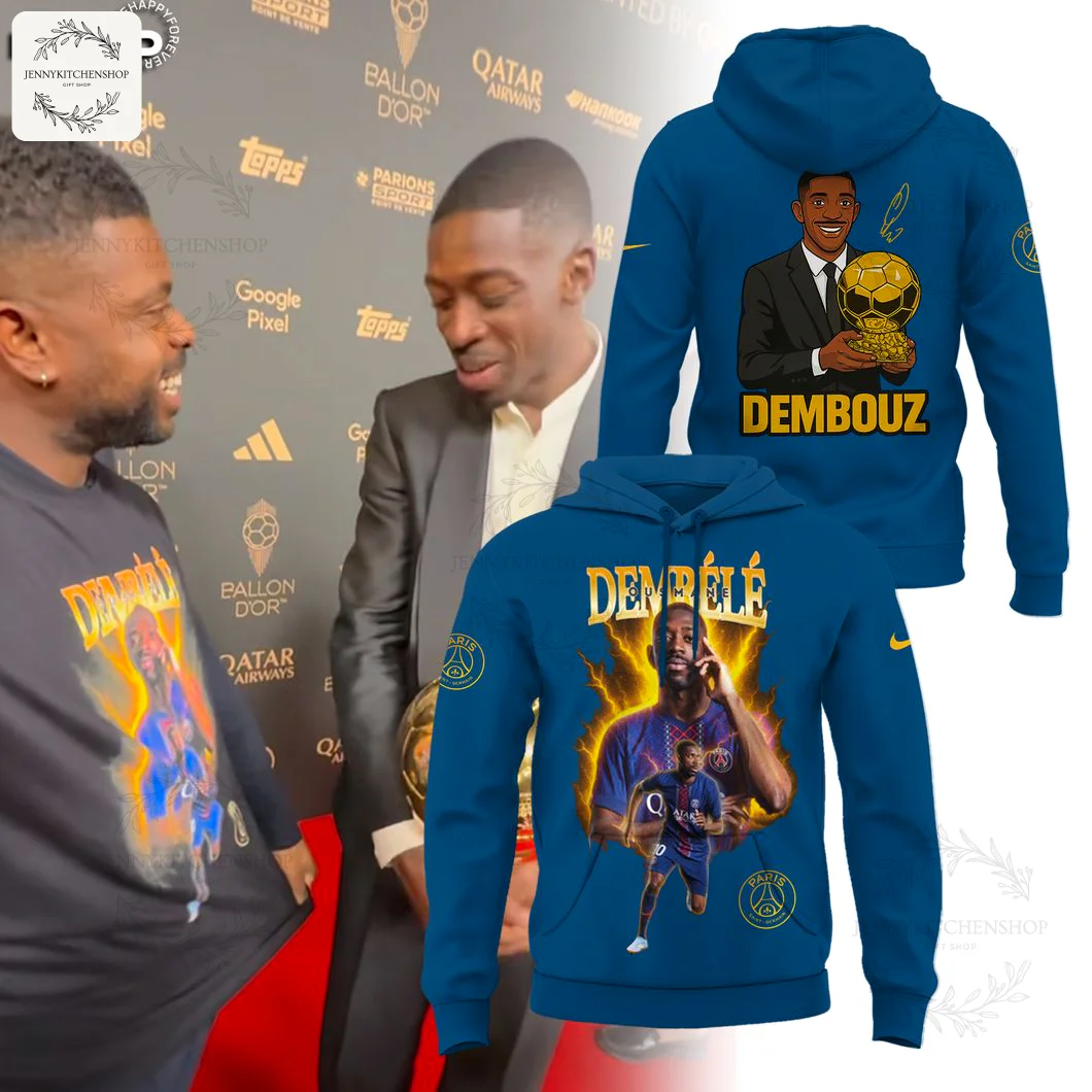 Front and back views of the Ousmane Dembele Ballon 2025 3D hoodie, a blue pullover with the same design as the matching t-shirt.