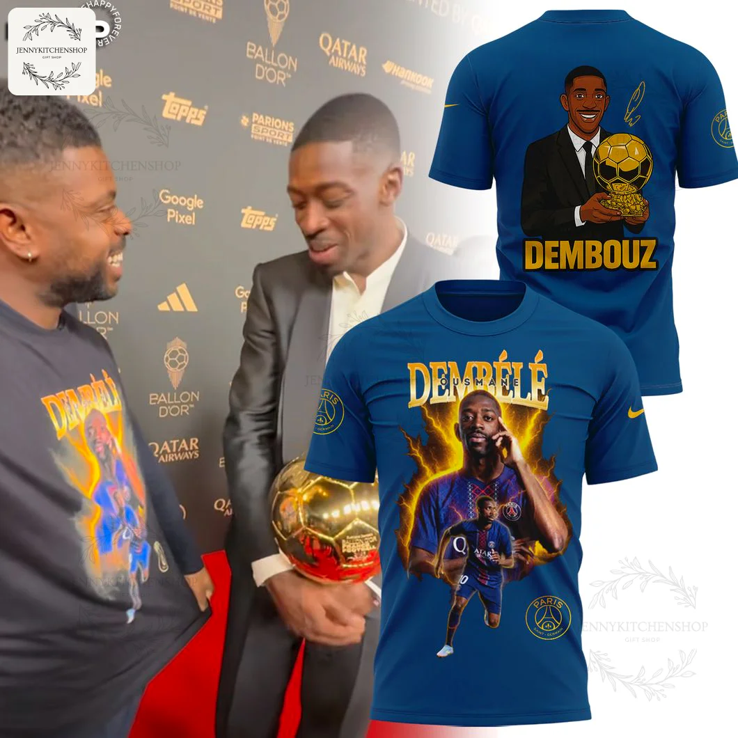 Front and back views of the Ousmane Dembele Ballon 2025 3D T-shirt, shown next to Dembele holding the Ballon d'Or trophy.