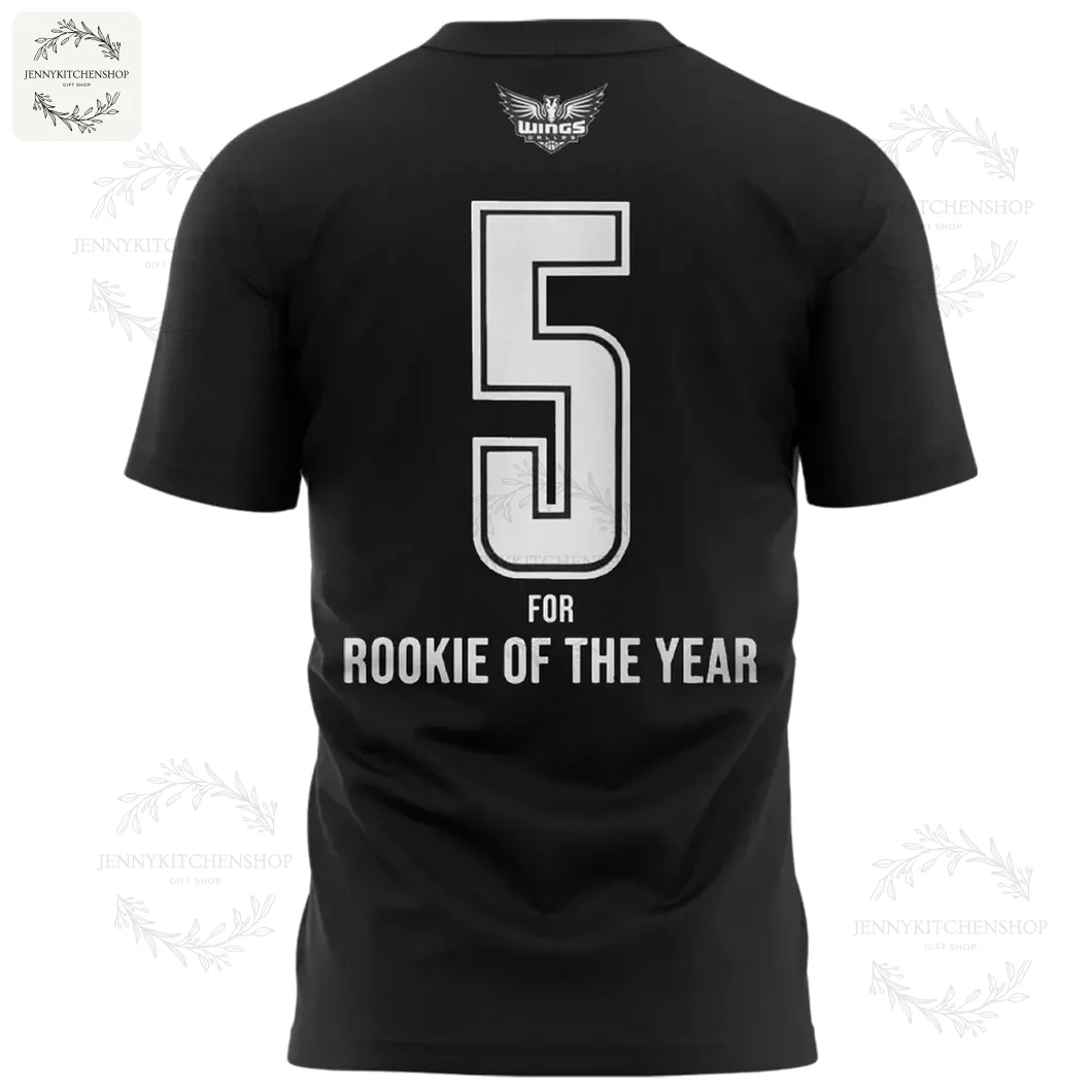 A mockup of the back of the Paige Bueckers black t-shirt showing the number 5 and the text "FOR ROOKIE OF THE YEAR".
