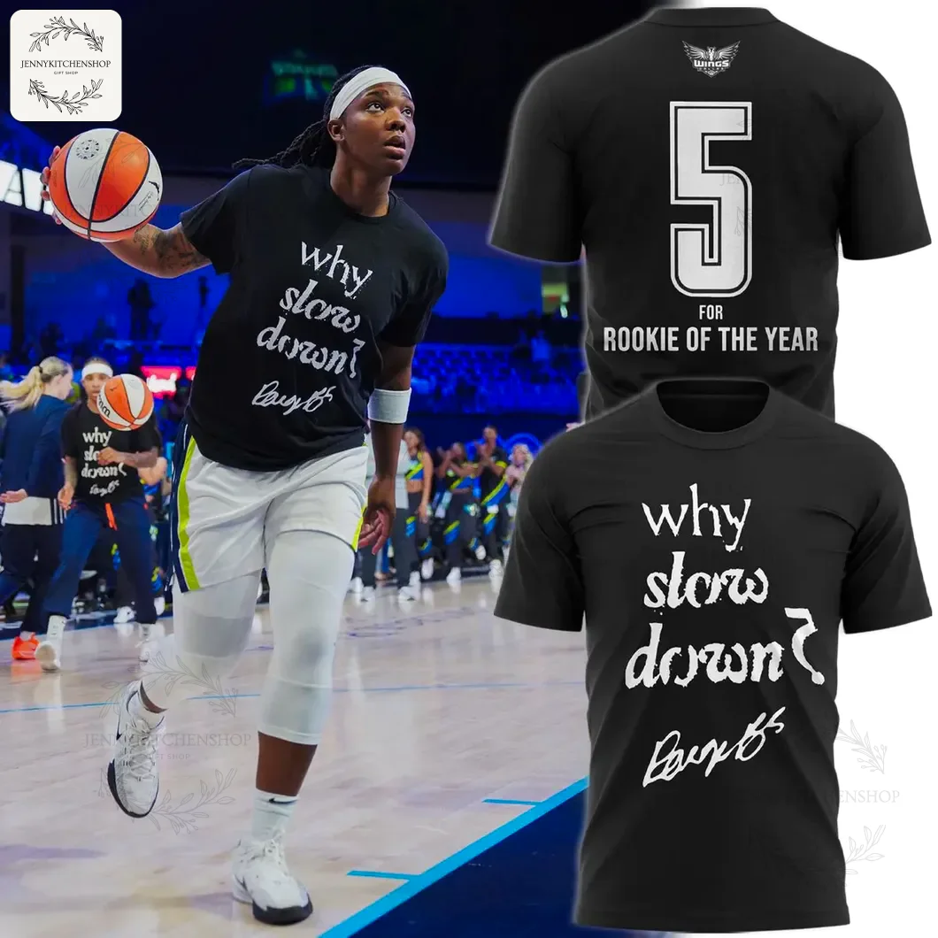 Paige Bueckers on court wearing her "Why Slow Down" shirt, with front and back views of the t-shirt design shown.