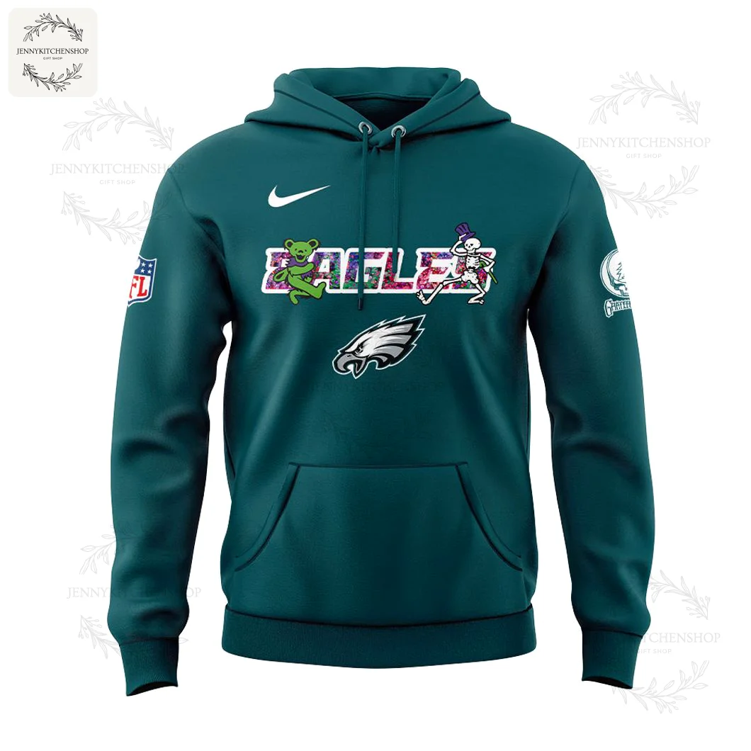 Front view of a green hoodie featuring the Philadelphia Eagles logo and "EAGLES" text with Grateful Dead bear and skeleton characters.