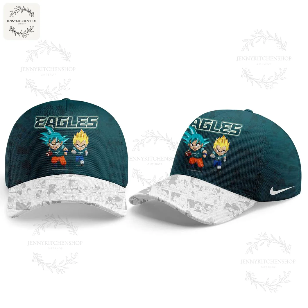 Philadelphia Eagles x Dragon Ball Z Matching Cap with Goku and Vegeta A matching Philadelphia Eagles x Dragon Ball Z baseball cap with Goku and Vegeta on the front and a manga panel design on the brim.