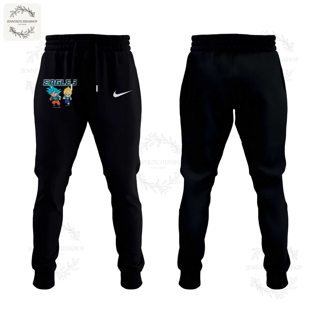 Philadelphia Eagles x Dragon Ball Z Matching Jogger Pants Front and back view of black jogger pants for the Philadelphia Eagles x Dragon Ball Z collection featuring Goku and Vegeta.