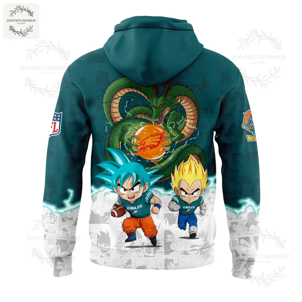 Back View of the Philadelphia Eagles Dragon Ball Hoodie with Goku & Vegeta Back of the Philadelphia Eagles Dragon Ball Z hoodie featuring cartoon Goku and Vegeta in football gear with Shenron the dragon.