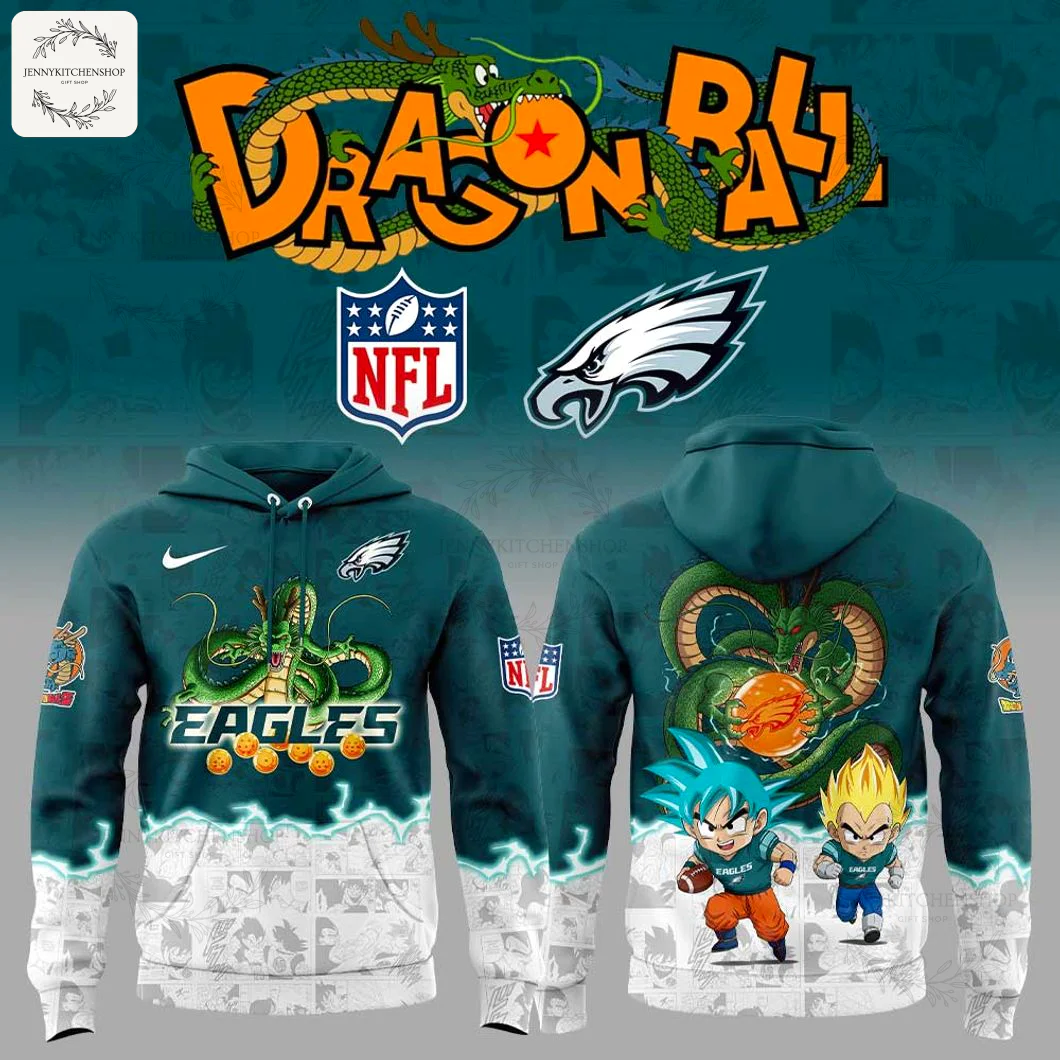 Front and back view of the Philadelphia Eagles x Dragon Ball hoodie featuring Goku, Vegeta, and Shenron with team logos.