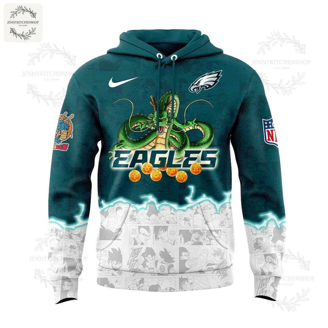 Front of the Philadelphia Eagles Dragon Ball Z hoodie showing Shenron the dragon, team logos, and a manga panel design.