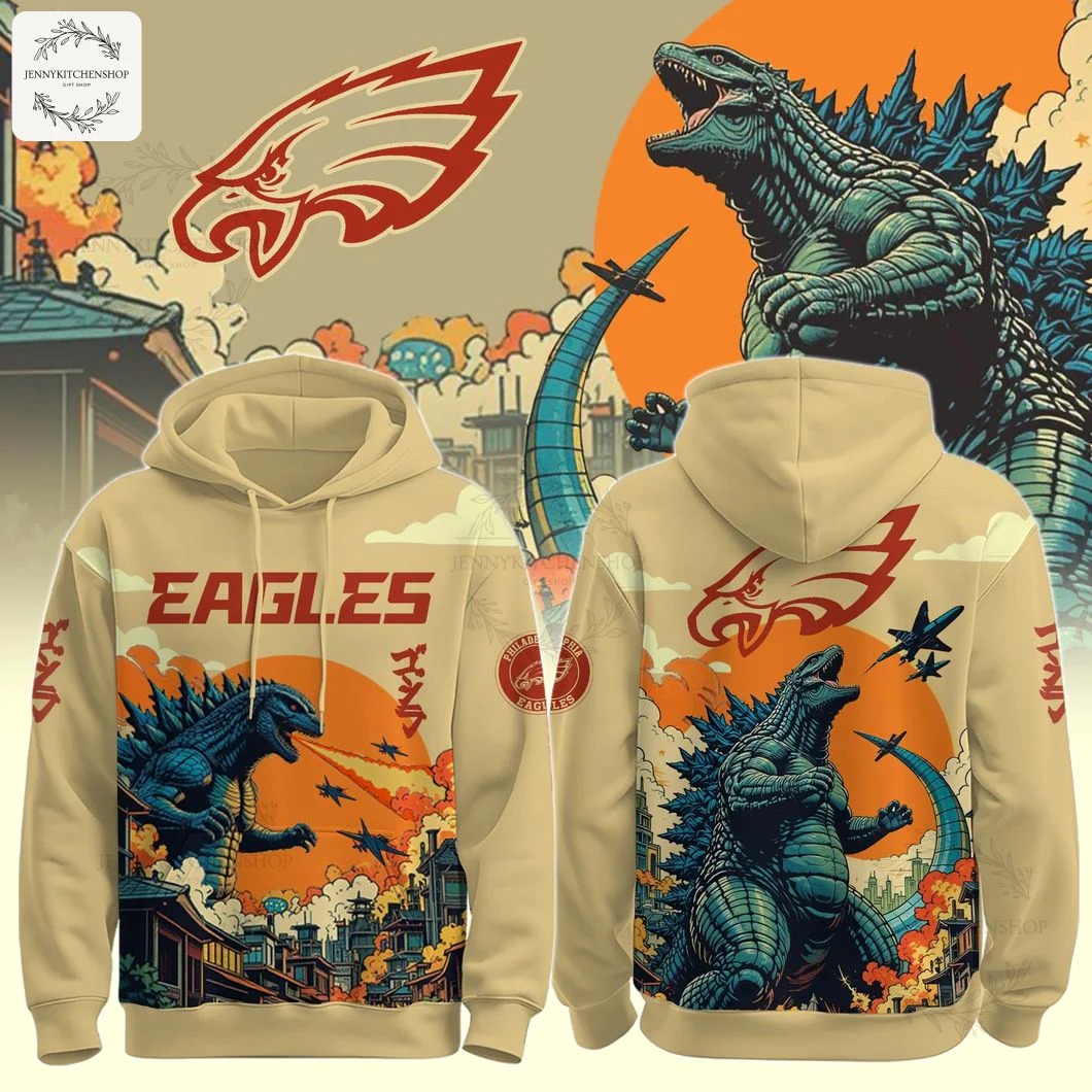 Front and back view of the tan Philadelphia Eagles x Godzilla hoodie, featuring a vibrant Japanese art style graphic of the monster.