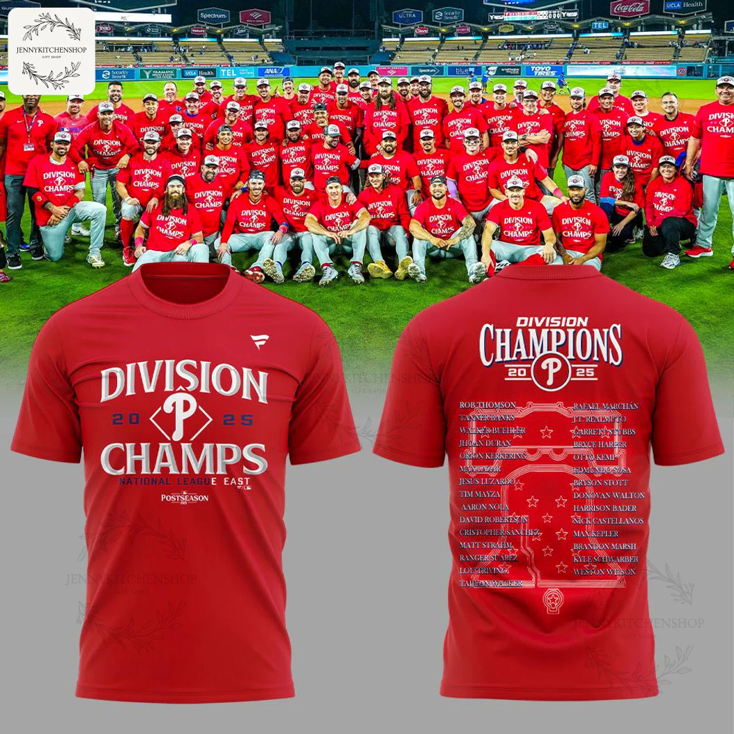 A red Philadelphia Phillies 2025 NL East Division Champions t-shirt shown from the front and back below a team celebration photo.