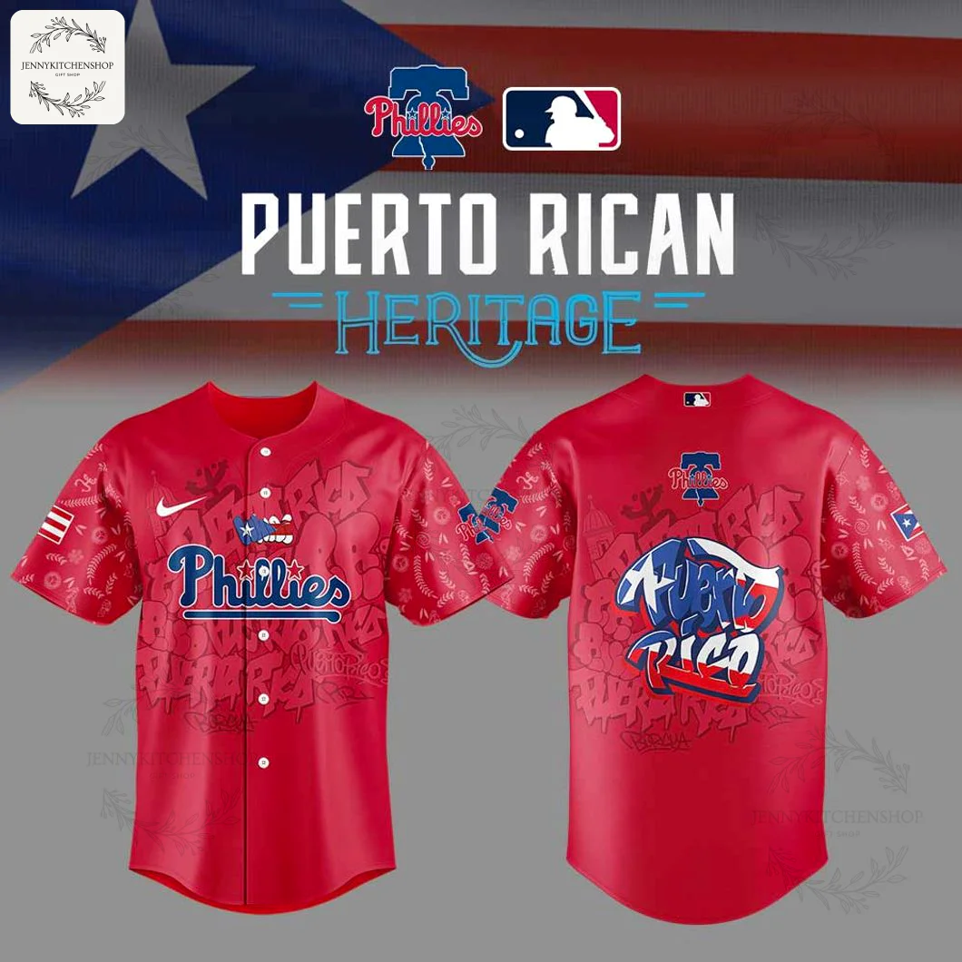 Front and back composite view of the red Philadelphia Phillies 2025 Puerto Rican Heritage baseball jersey against a flag background.