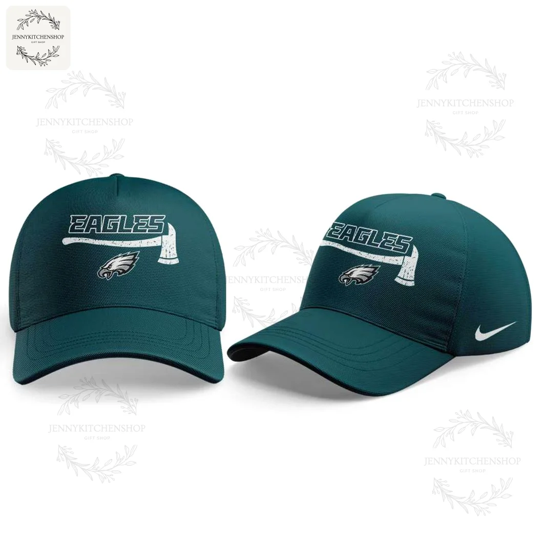Philadelphia Eagles Firefighter Hat — Two-Angle View Two-angle images of matching midnight green baseball caps displaying the distressed "EAGLES" and axe graphic above the Eagles logo on the front panels, with a curved brim and Nike swoosh on the side.