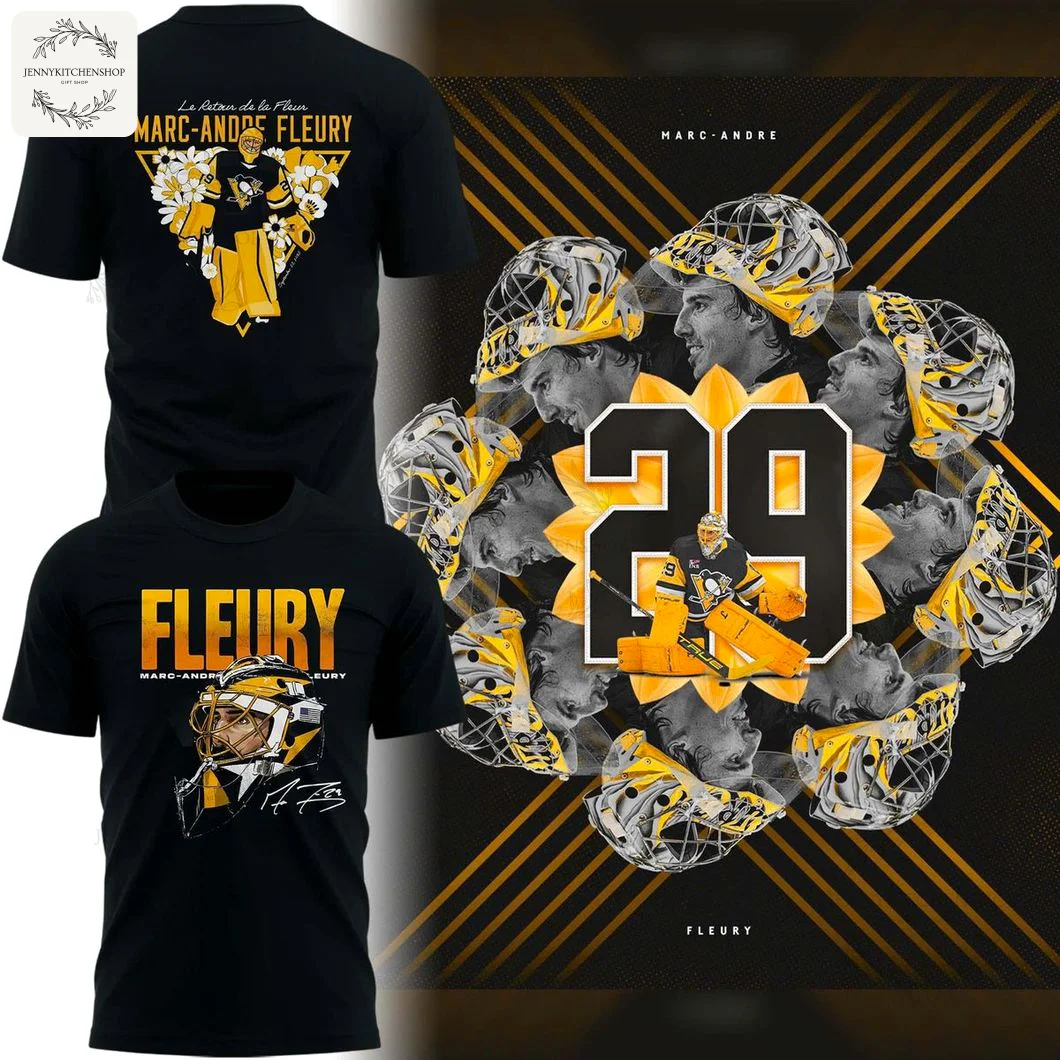 An overview of two t-shirt designs and a collage graphic for the Pittsburgh Penguins Marc-Andre Fleury shirt.