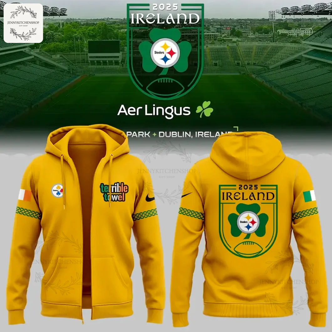 Front and back view of the yellow Pittsburgh Steelers 2025 Ireland Game zip hoodie with shamrock logo and Terrible Towel text.